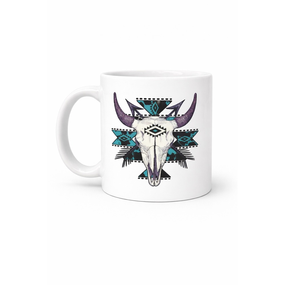 Southwestern Bull Skull Ceramic Coffee Mug Teal Geometric Tribal 11oz White